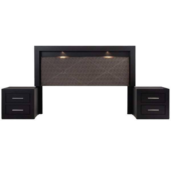 CABECERA CON LUZ KING SIZE CON 2 BURÓS DE 2 CAJONES COLOR CHOCOLATE - MADERA INDUSTRIALIZADA Y TAPIZADO