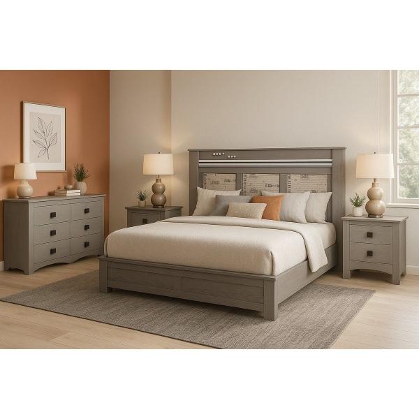RECAMARA KING SIZE DE 4 PIEZAS CON CABECERA TAPIZADA 2 BUROS Y CAJONERA COLOR GRIS MAD IND TAP