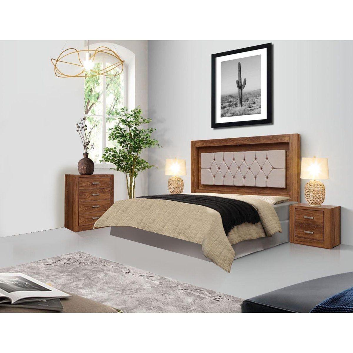 Recámara king size de 4 piezas con cabecera con luz tapizada, 2 burós y cajonera color nogal - madera industrializada