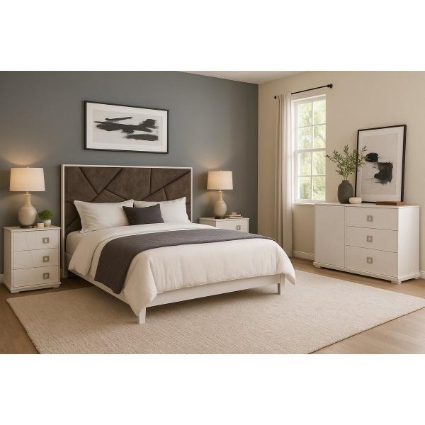 RECÁMARA KING SIZE DE 4 PIEZAS CON CABECERA TAPIZADA, 2 BURÓS Y CAJONERA COLOR GRIS Y BLANCO - MADERA INDUSTRIALIZADA Y TAPIZADO