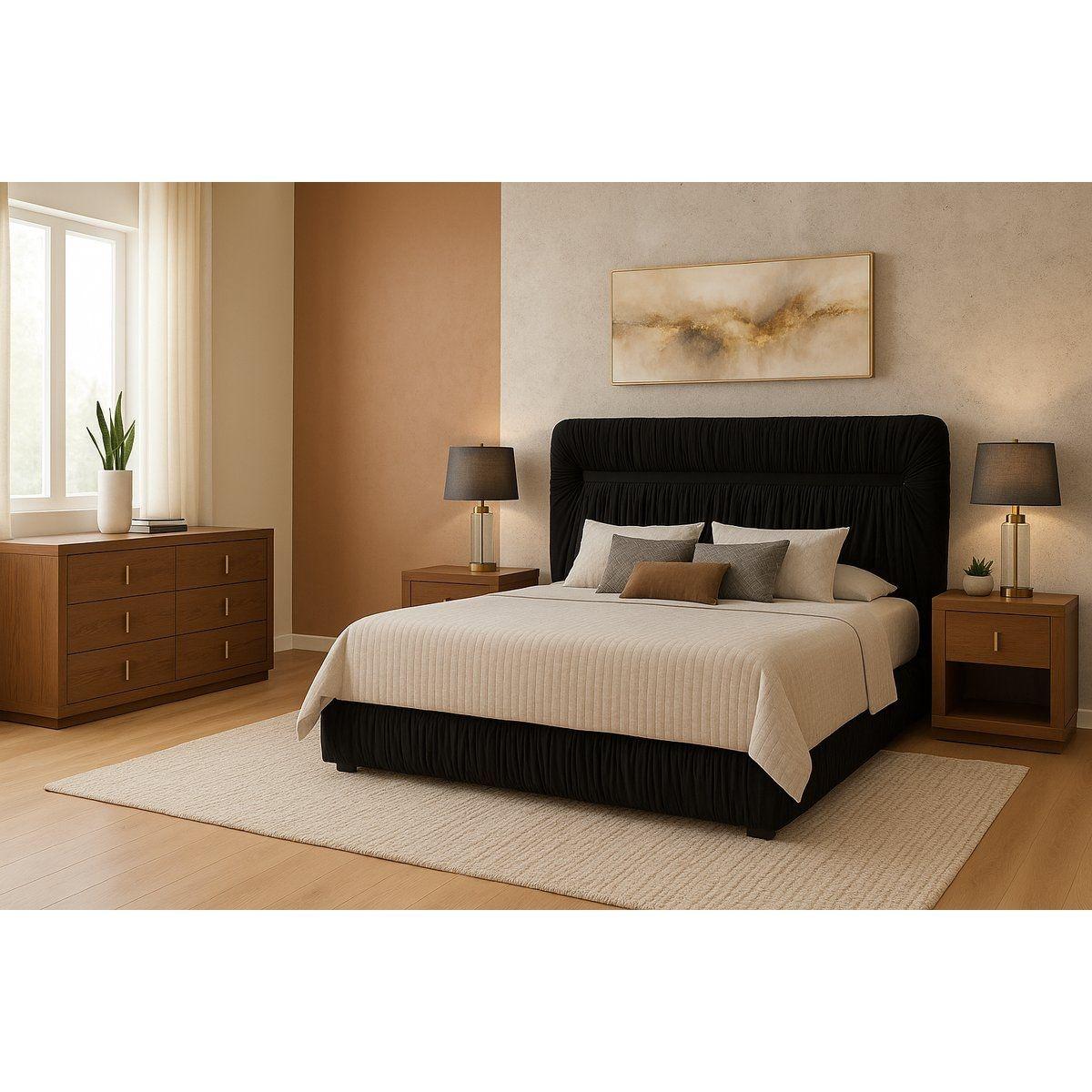 Recámara king size de 4 piezas con cabecera tapizada, 2 burós y cajonera color negro y nogal - madera industrializada y tapizado