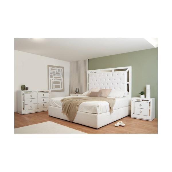 RECAMARA KING SIZE DE 4 PIEZAS CON CABECERA TAPIZADA 2 BUROS Y CAJONERA BLANCO MADERA INDUSTRIAL