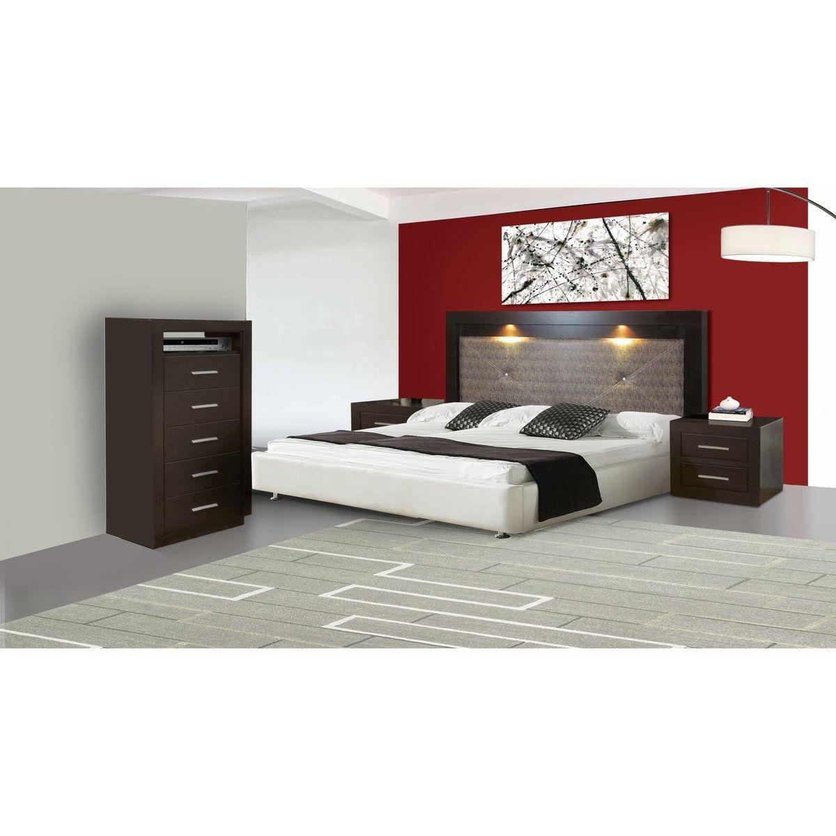 Recámara king size de 4 piezas con cabecera con luz, 2 burós y cajonera color chocolate - madera industrializada y tapizado