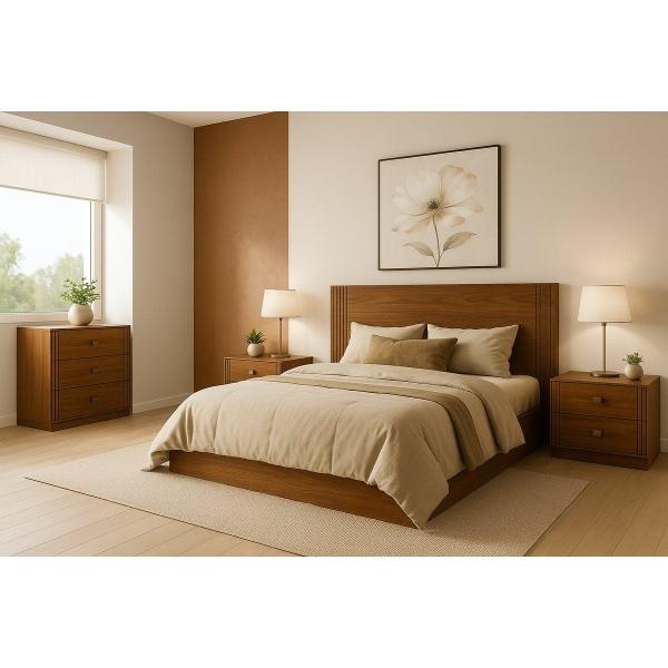 RECÁMARA KING SIZE DE 4 PIEZAS CON CABECERA, 2 BURÓS Y CAJONERA COLOR PAROTA - MADERA INDUSTRIALIZADA