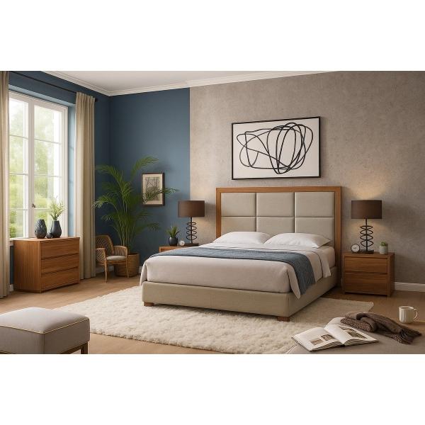RECÁMARA KING SIZE DE 4 PIEZAS CON CABECERA TAPIZADA, 2 BURÓS Y CAJONERA COLOR NOGAL Y BEIGE - CHAPA Y TAPIZADO