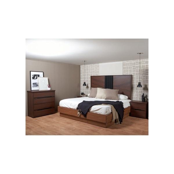 RECÁMARA KING SIZE DE 4 PIEZAS CON CABECERA, 2 BURÓS Y CAJONERA COLOR NOGAL - MADERA INDUSTRIALIZADA Y MELAMINA