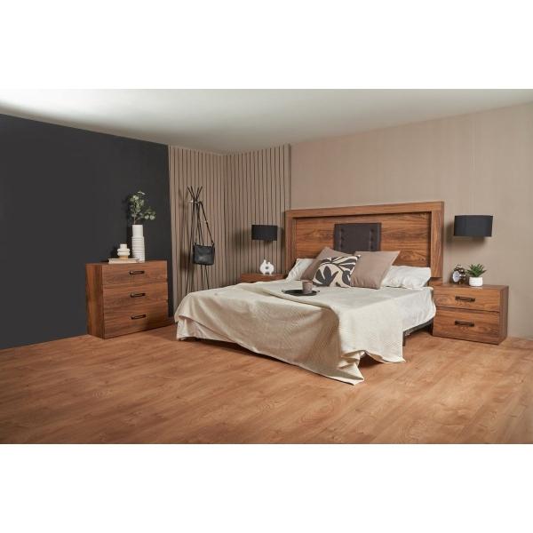 RECÁMARA KING SIZE DE 4 PIEZAS CON CABECERA CON LUZ, 2 BURÓS Y CAJONERA COLOR NOGAL - MADERA INDUSTRIALIZADA