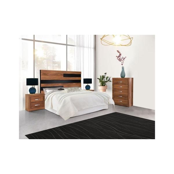 RECÁMARA KING SIZE DE 4 PIEZAS CON CABECERA, 2 BURÓS Y CAJONERA COLOR NOGAL - MADERA INDUSTRIALIZADA