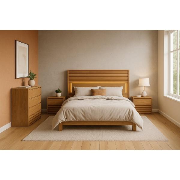 RECÁMARA KING SIZE DE 4 PIEZAS CON CABECERA CON LUZ, 2 BURÓS Y CAJONERA COLOR NATURAL - MADERA INDUSTRIALIZADA