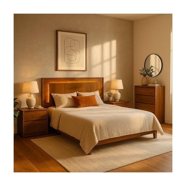 RECÁMARA KING SIZE DE 4 PIEZAS CON CABECERA CON LUZ, 2 BURÓS Y CAJONERA COLOR PAROTA - MADERA INDUSTRIALIZADA