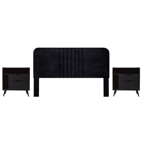 CABECERA KING SIZE CON 2 BURÓS DE 2 CAJONES Y 2 COMPARTIMENTOS COLOR NEGRO - MDF, MELAMINA Y TAPIZ
