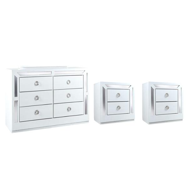 SET DE CAJONERA CON 6 CAJONES Y 2 BURÓS CON 2 CAJONES COLOR BLANCO Y PLATA - MADERA INDUSTRIALIZADA