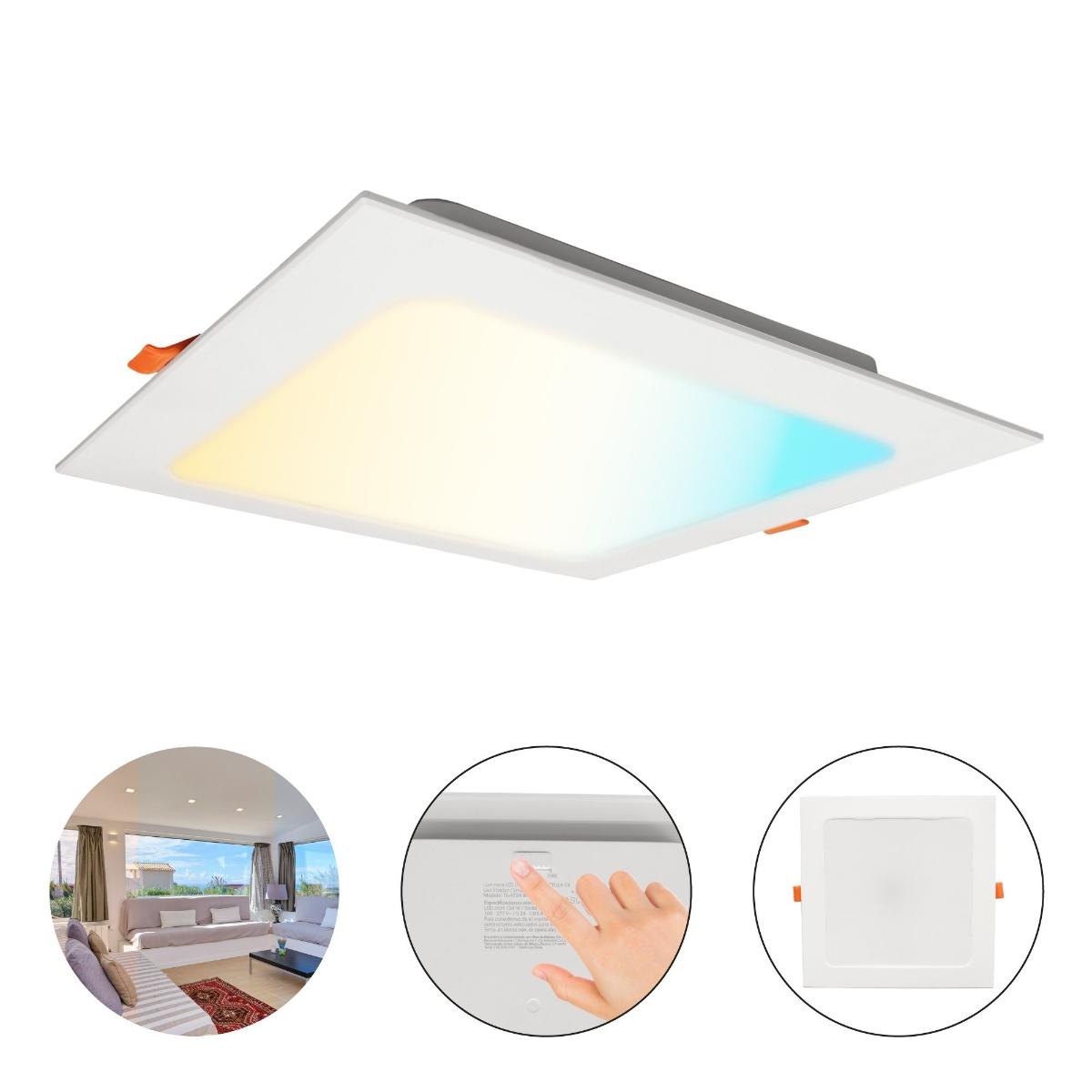 Lampara led cuadrada tipo downlight de empotrar 24w, 3 temperaturas de color 3 000 k, 4 200 k y 6 500 k, uso interior