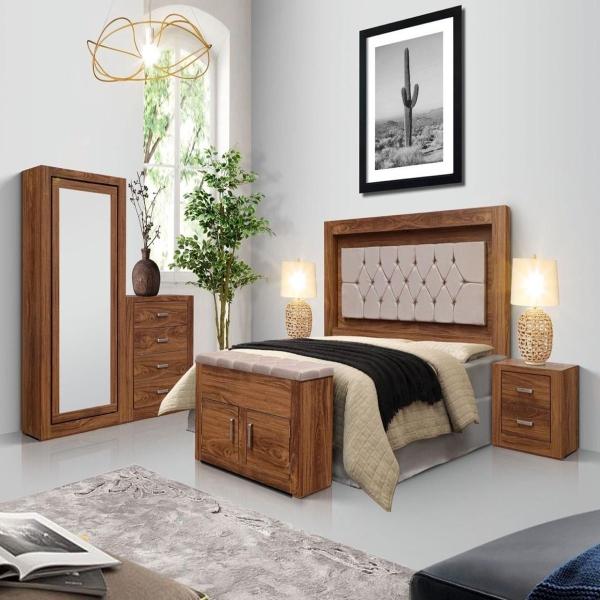 CABECERA CON LUZ TAPIZADA KING SIZE CON 2 BURÓS DE 2 CAJONES COLOR NOGAL - MADERA INDUSTRIALIZADA Y TAPIZADO