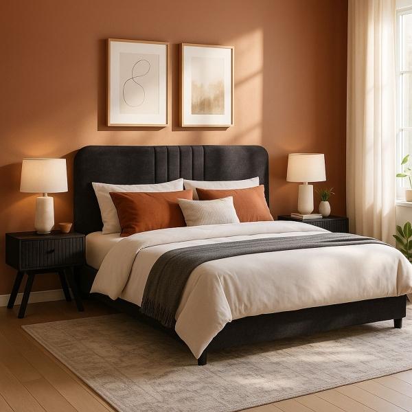 CABECERA KING SIZE CON 2 BURÓS DE 2 CAJONES COLOR NEGRO - MDF, METAL, MELAMINA Y TAPIZ