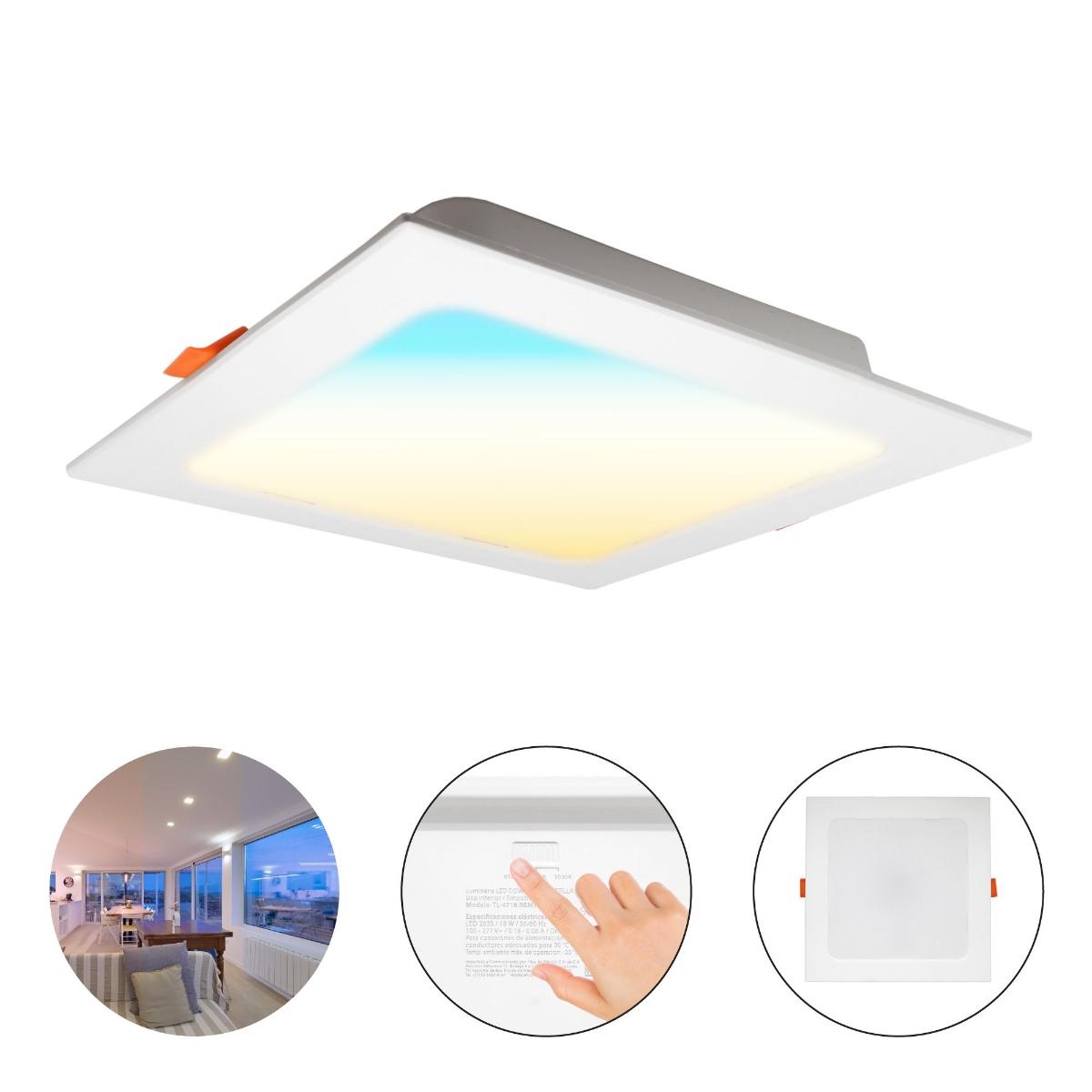Lampara led cuadrada tipo downlight de empotrar 18w, 3 temperaturas de color 3 000 k, 4 200 k y 6 500 k, uso interior