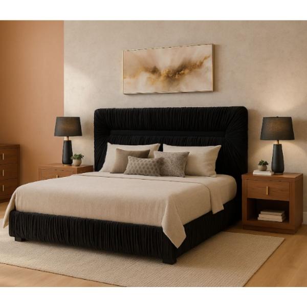 CABECERA TAPIZADA KING SIZE CON 2 BURÓS DE 1 CAJÓN COLOR NEGRO Y NOGAL - MADERA INDUSTRIALIZADA Y TAPIZADO