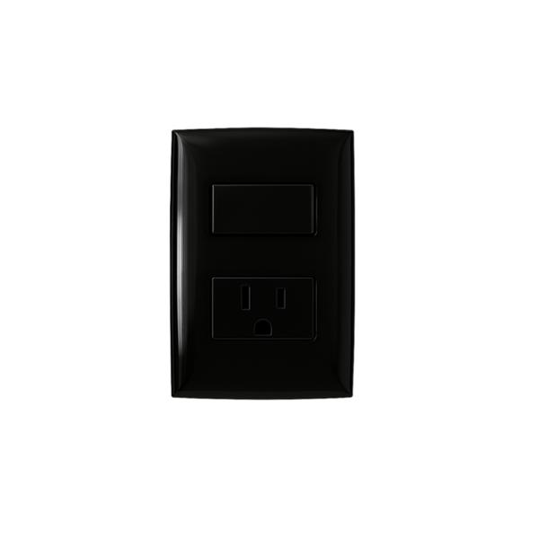PLACA DECORATIVA CON INTERRUPTOR SENCILLO Y CONTACTO CON TIERRA DE PLÁSTICO NEGRA