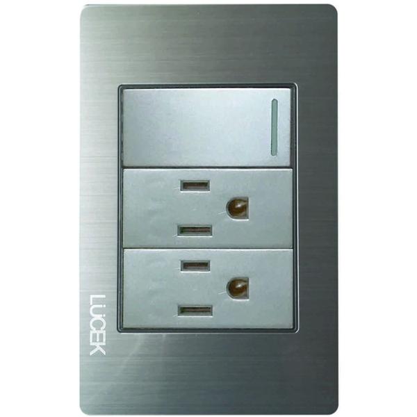 PLACA METÁLICA CON 1 INTERRUPTOR SENCILLO Y 2 CONTACTOS DE 1 MÓDULO PLATEADO.