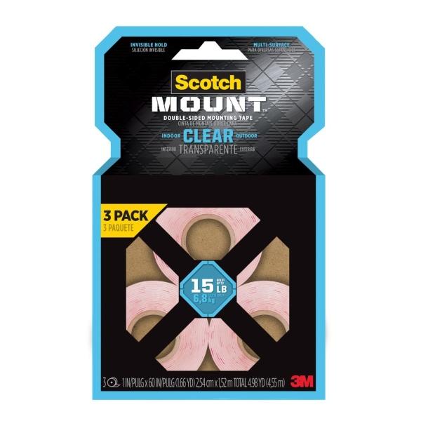CINTA DOBLE CARA TRANSPARENTE SCOTCH-MOUNT 3M, 2.54 CM X 1.52 M, PAQUETE CON 3 ROLLOS