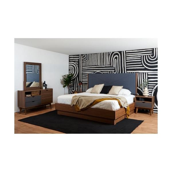 RECAMARA KING SIZE DE 4 PIEZAS CON CABECERA 2 BUROS Y TOCADOR COLOR NOGRO Y GRIS