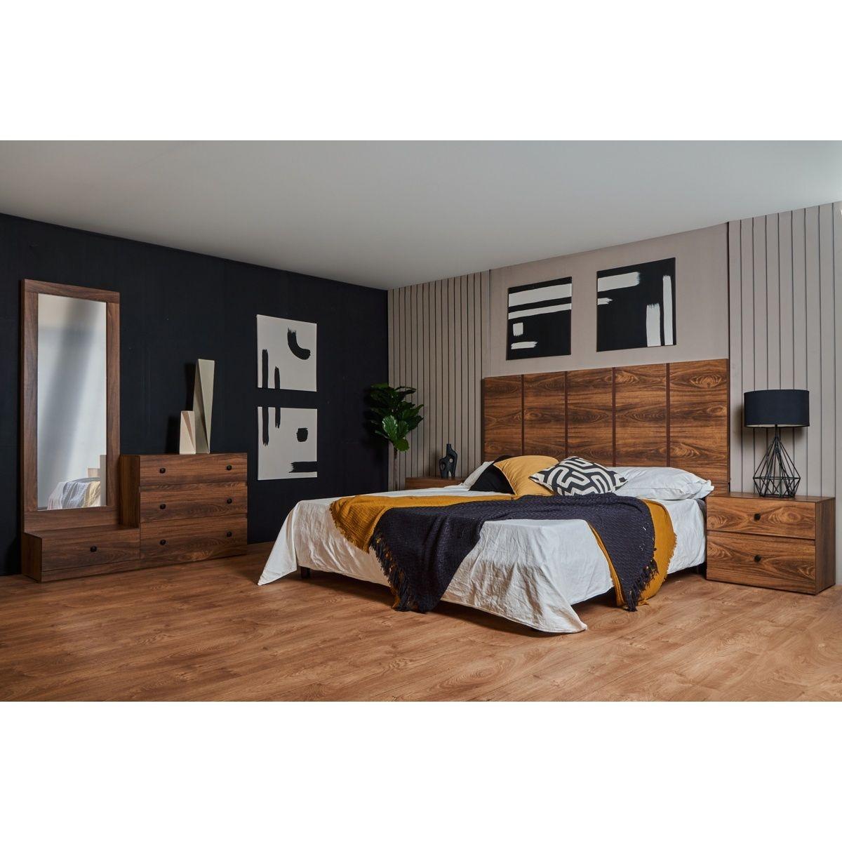 Recámara king size de 5 piezas con cabecera, 2 burós, cajonera y espejo color nogal - madera mdf