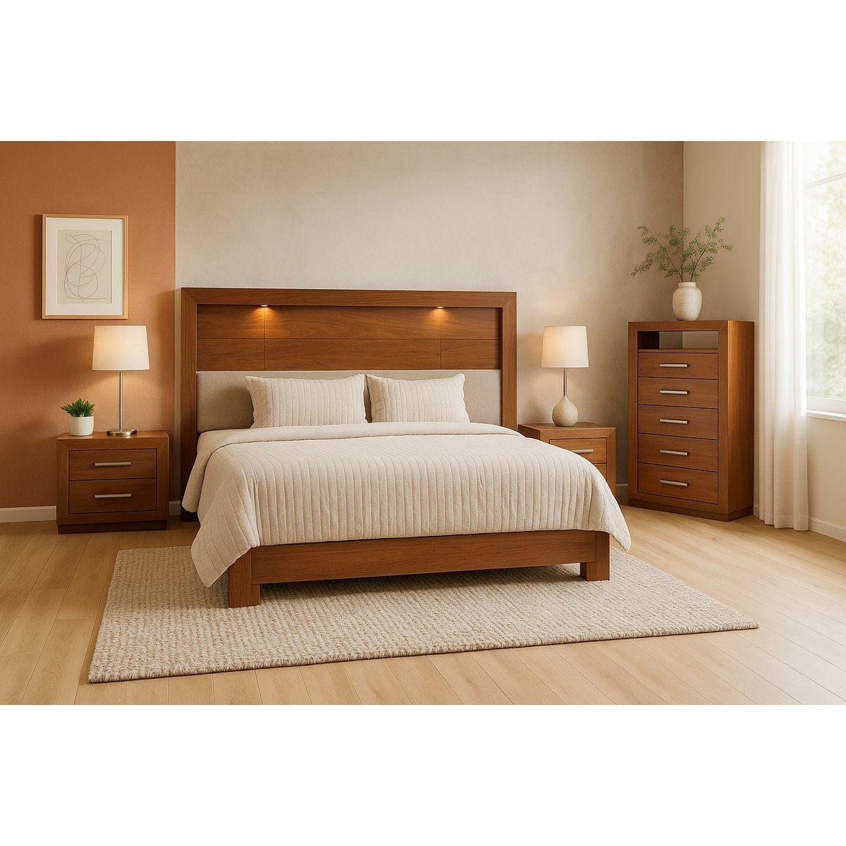 Recámara king size de 4 piezas con cabecera con luz, 2 burós y cajonera color parota - madera industrializada