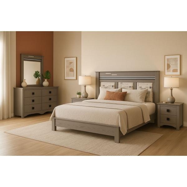 RECAMARA KING SIZE 4 PIEZAS CABECERA 2 BUROS TOCADOR CON ESPEJO GRIS