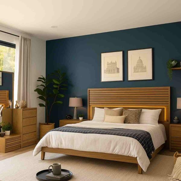 RECÁMARA KING SIZE DE 5 PIEZAS CON CABECERA CON LUZ, 2 BURÓS, CAJONERA Y ESPEJO COLOR NATURAL - MADERA INDUSTRIALIZADA