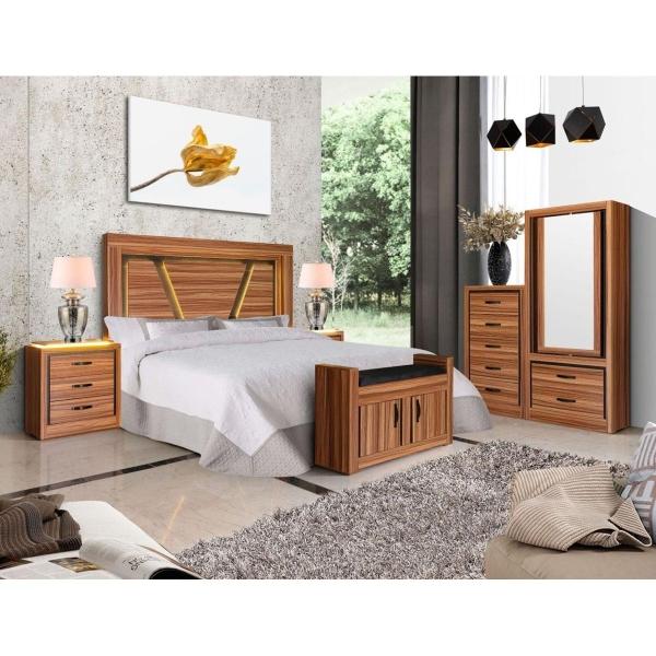 RECAMARA KING SIZE 6 PIEZAS CON CABECERA CON LUZ, 2 BUROS, CAJONERA, ESPEJO Y BAUL NOGAL - MELAMINA