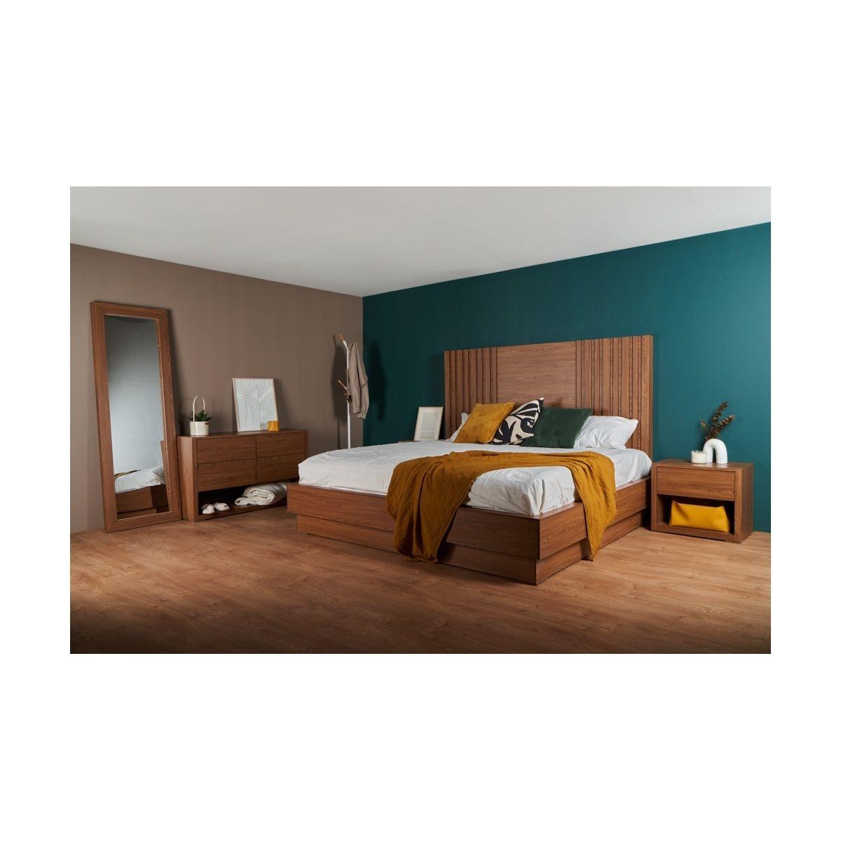 Recámara king size de 5 piezas con cabecera, 2 burós, cajonera y espejo color nogal - acabado en melamina