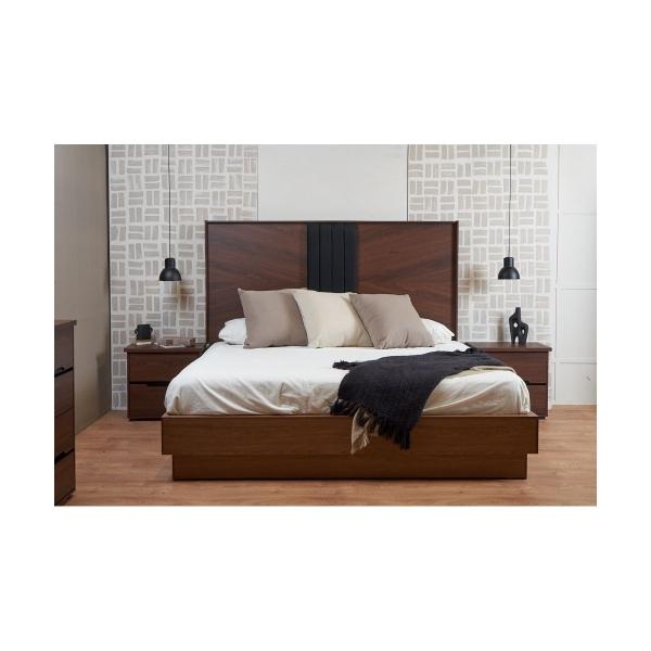 RECAMARA KING SIZE DE 5 PIEZAS CON CABECERA, 2 BUROS, CAJONERA Y ESPEJO COLOR NOGAL MDF Y MELAMINA