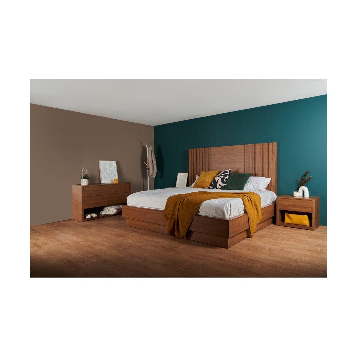 Recámara king size de 4 piezas con cabecera, 2 burós y cajonera color nogal - acabado en melamina