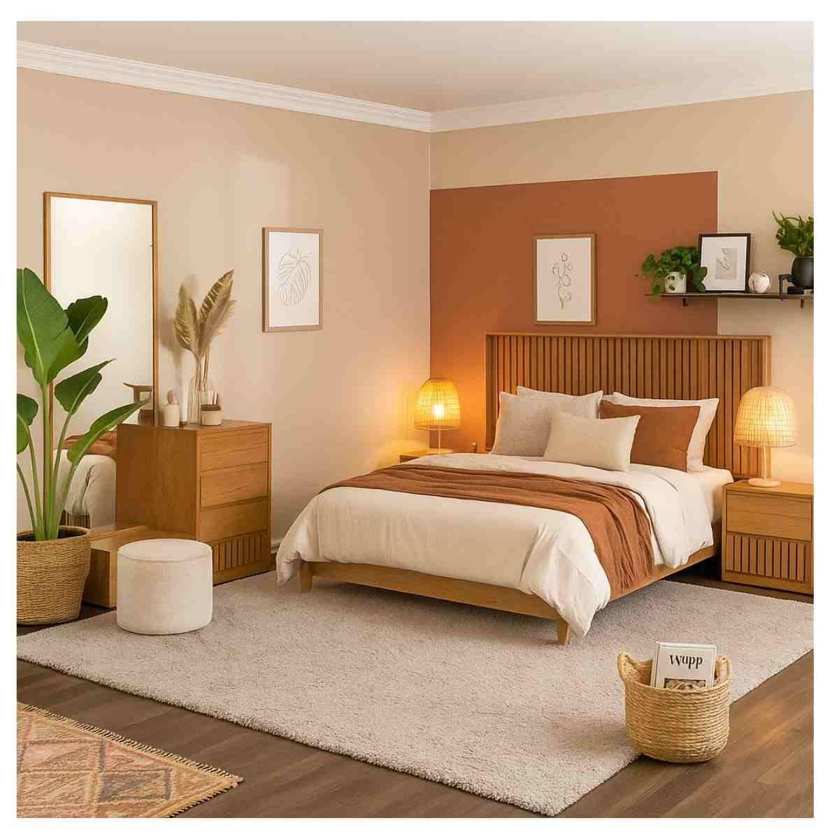 Recámara king size de 5 piezas con cabecera, 2 burós, cajonera y espejo color natural - madera industrializada