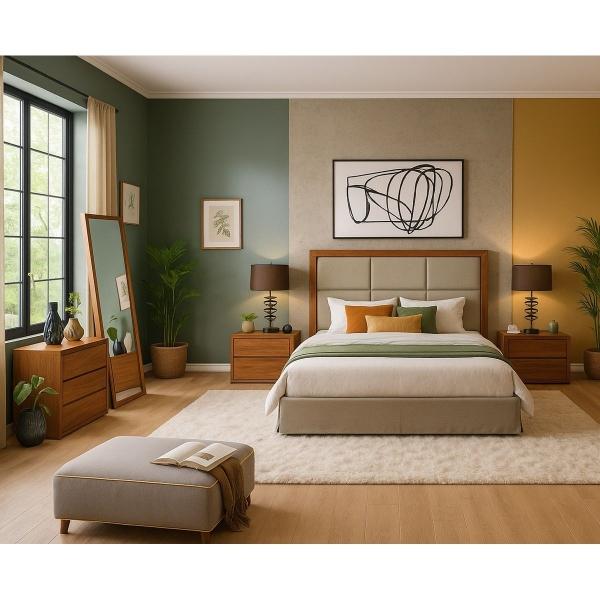 RECÁMARA KING SIZE DE 5 PIEZAS CON CABECERA TAPIZADA, 2 BURÓS, CAJONERA Y ESPEJO COLOR NOGAL Y BEIGE - CHAPA Y TAPIZADO
