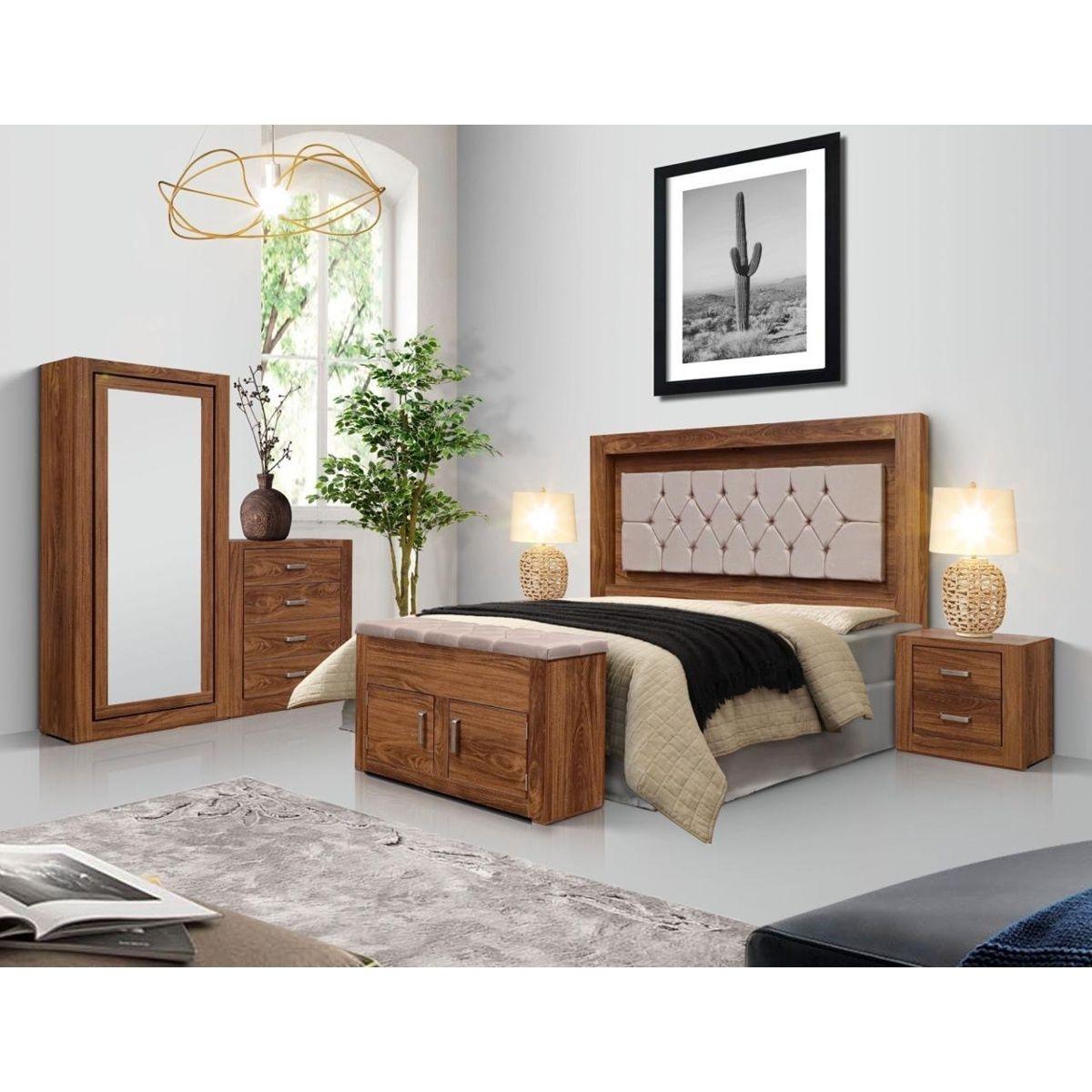 Recámara king size de 6 piezas con cabecera con luz, 2 burós, cajonera, espejo y baúl color nogal - madera industrializada