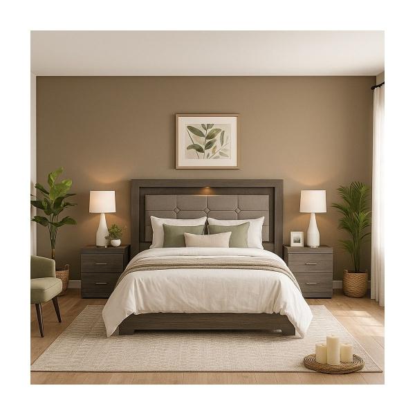 RECÁMARA KING SIZE DE 5 PIEZAS CON CABECERA TAPIZADA, 2 BURÓS, CAJONERA Y ESPEJO COLOR GRIS - MADERA INDUSTRIALIZADA Y TAPIZADO