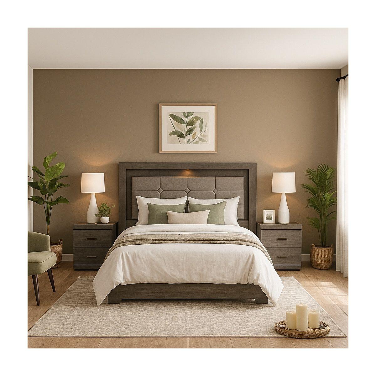 Recámara king size de 5 piezas con cabecera tapizada, 2 burós, cajonera y espejo color gris - madera industrializada y tapizado