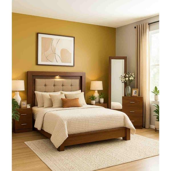 RECÁMARA KING SIZE DE 5 PIEZAS CON CABECERA TAPIZADA, 2 BURÓS, CAJONERA Y ESPEJO COLOR PAROTA - MADERA INDUSTRIALIZADA Y TAPIZADO