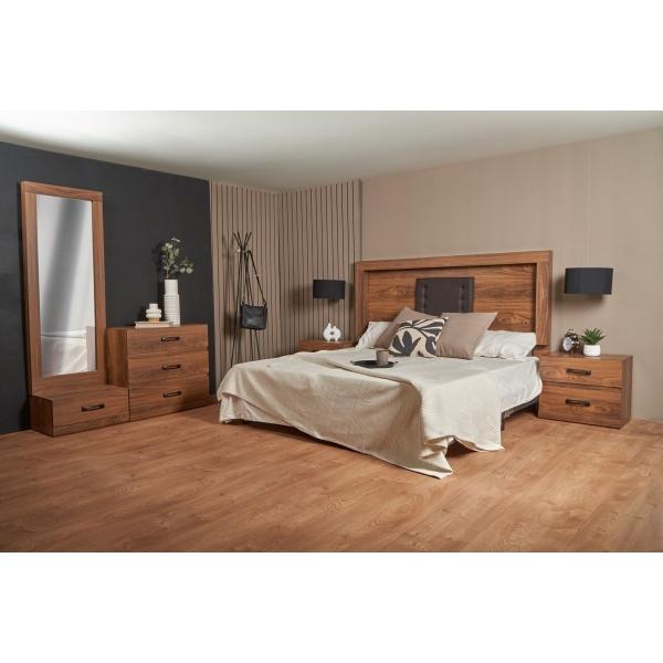 RECÁMARA KING SIZE DE 5 PIEZAS CON CABECERA CON LUZ, 2 BURÓS, CAJONERA Y ESPEJO COLOR NOGAL - MADERA MDF