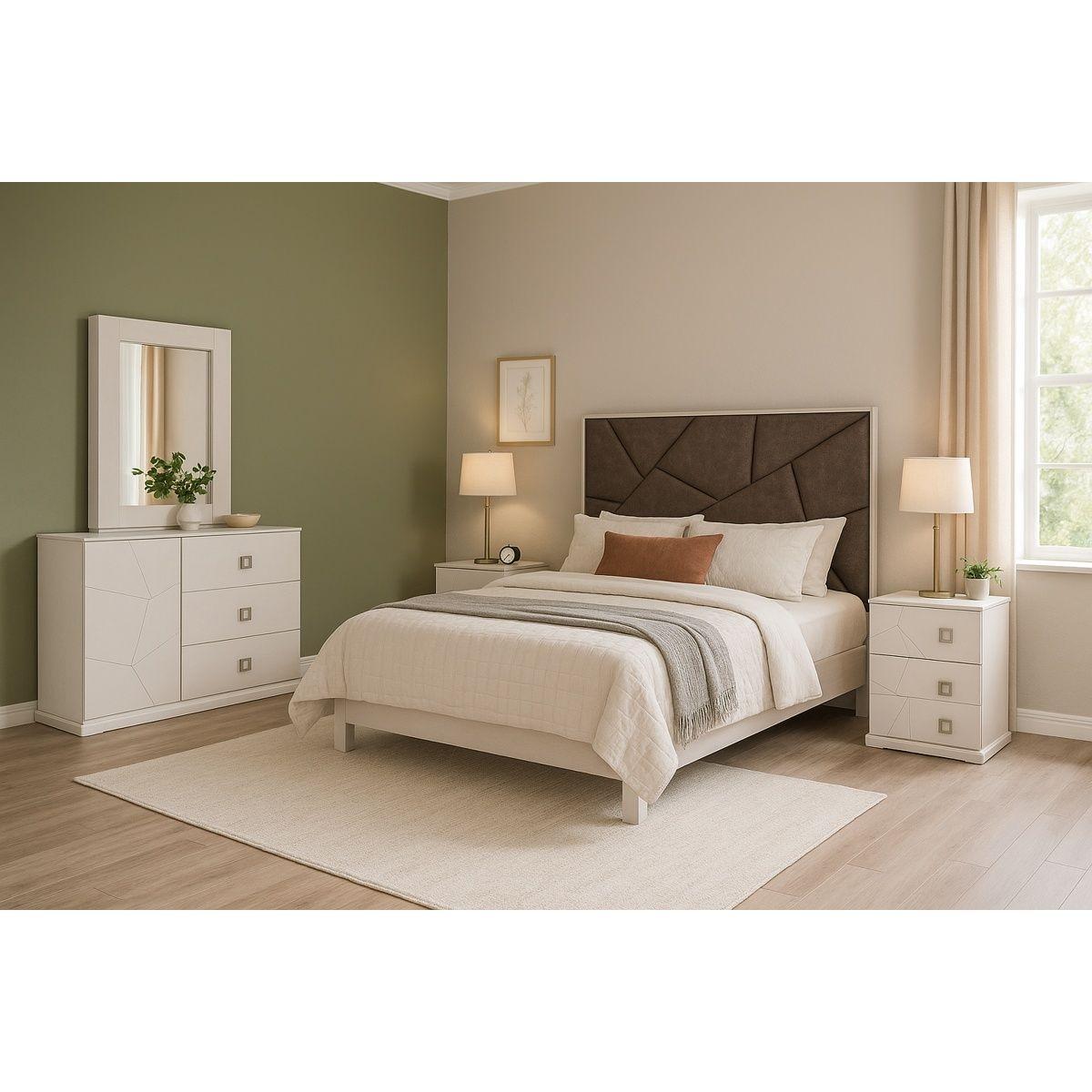 Recámara king size de 4 piezas con cabecera tapizada, 2 burós y tocador con espejo color gris y blanco - madera industrializada y tapizado