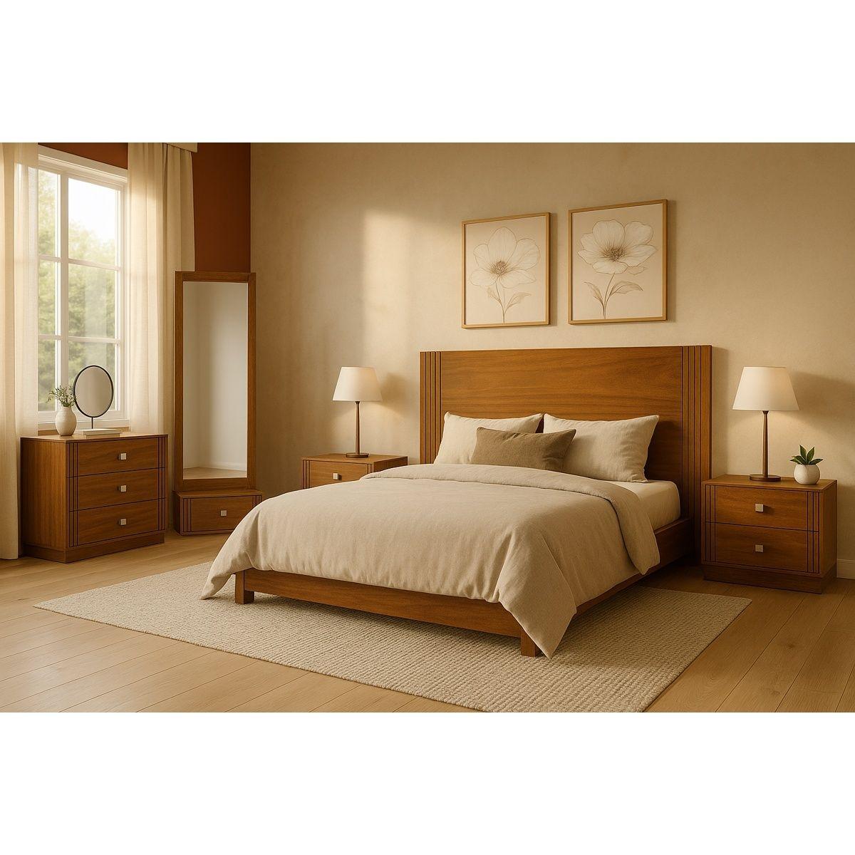 Recámara king size de 5 piezas con cabecera, 2 burós, cajonera y espejo color parota - madera industrializada
