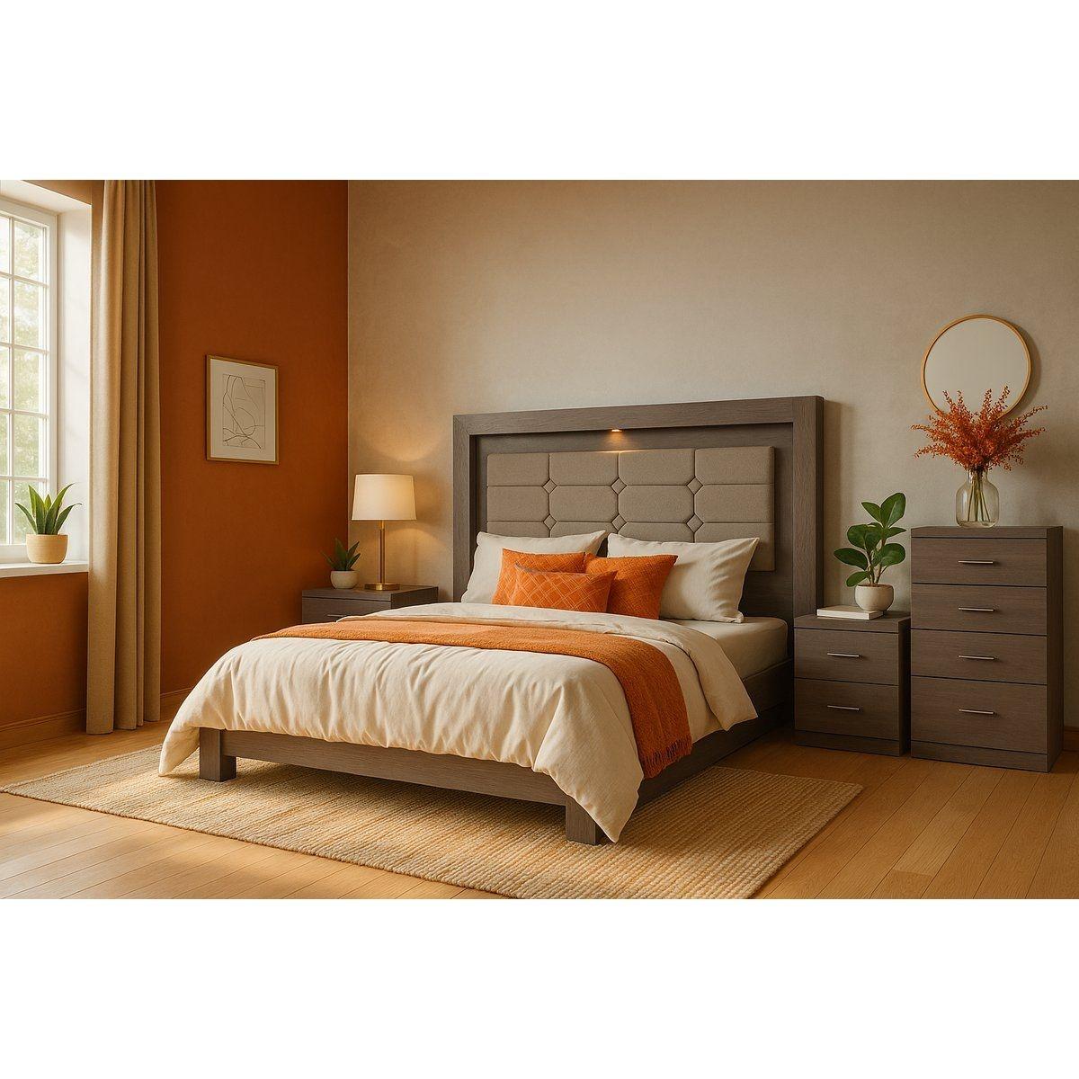 Recámara king size de 4 piezas con cabecera con luz, 2 burós y cajonera color gris - madera industrializada y tapizado