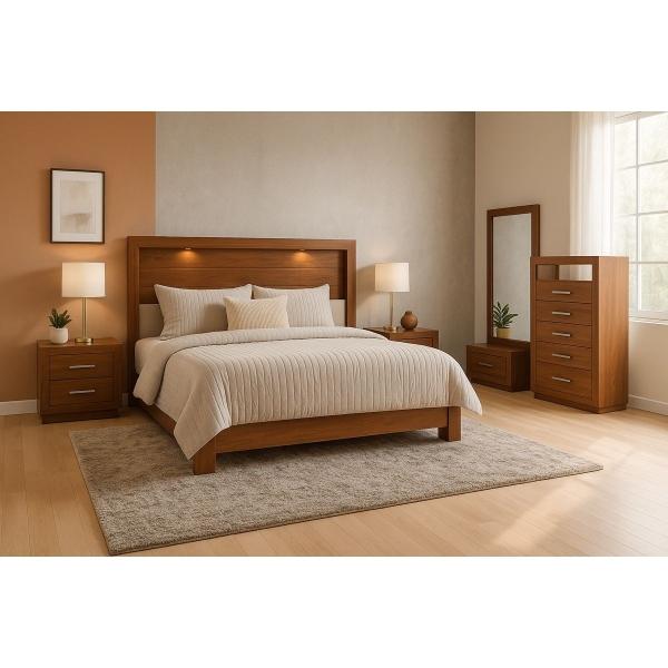 RECÁMARA KING SIZE DE 5 PIEZAS CON CABECERA CON LUZ, 2 BURÓS, CAJONERA Y ESPEJO COLOR PAROTA - MADERA INDUSTRIALIZADA