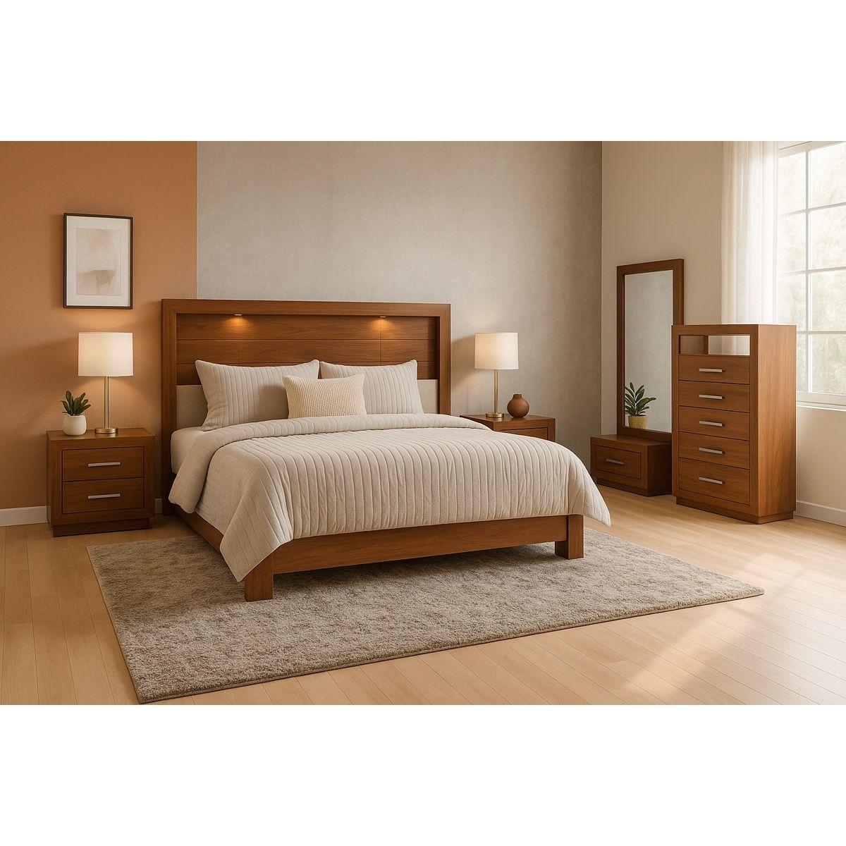 Recámara king size de 5 piezas con cabecera con luz, 2 burós, cajonera y espejo color parota - madera industrializada