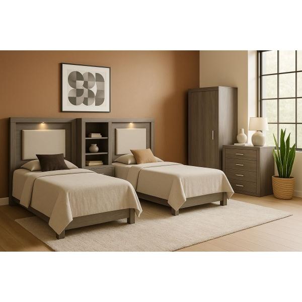 JUEGO DE RECÁMARA - INCLUYE 2 CABECERAS INDIVIDUALES CON LUZ, BURÓ, CAJONERA Y ARMARIO CON ESPEJO INTERNO COLOR GRIS - MADERA INDUSTRIALIZADA