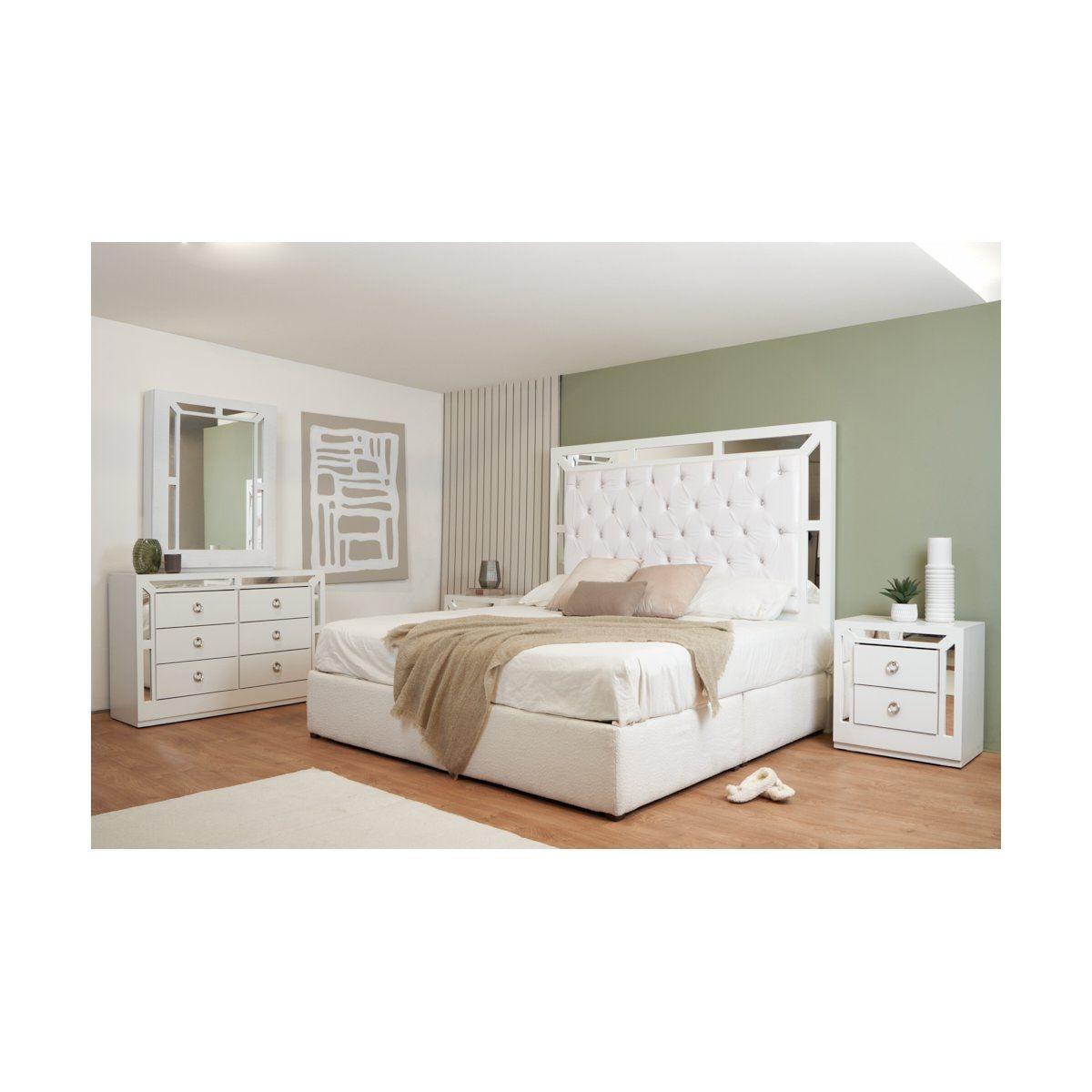 Recámara king size de 4 piezas con cabecera, 2 burós y tocador color blanco - madera mdf