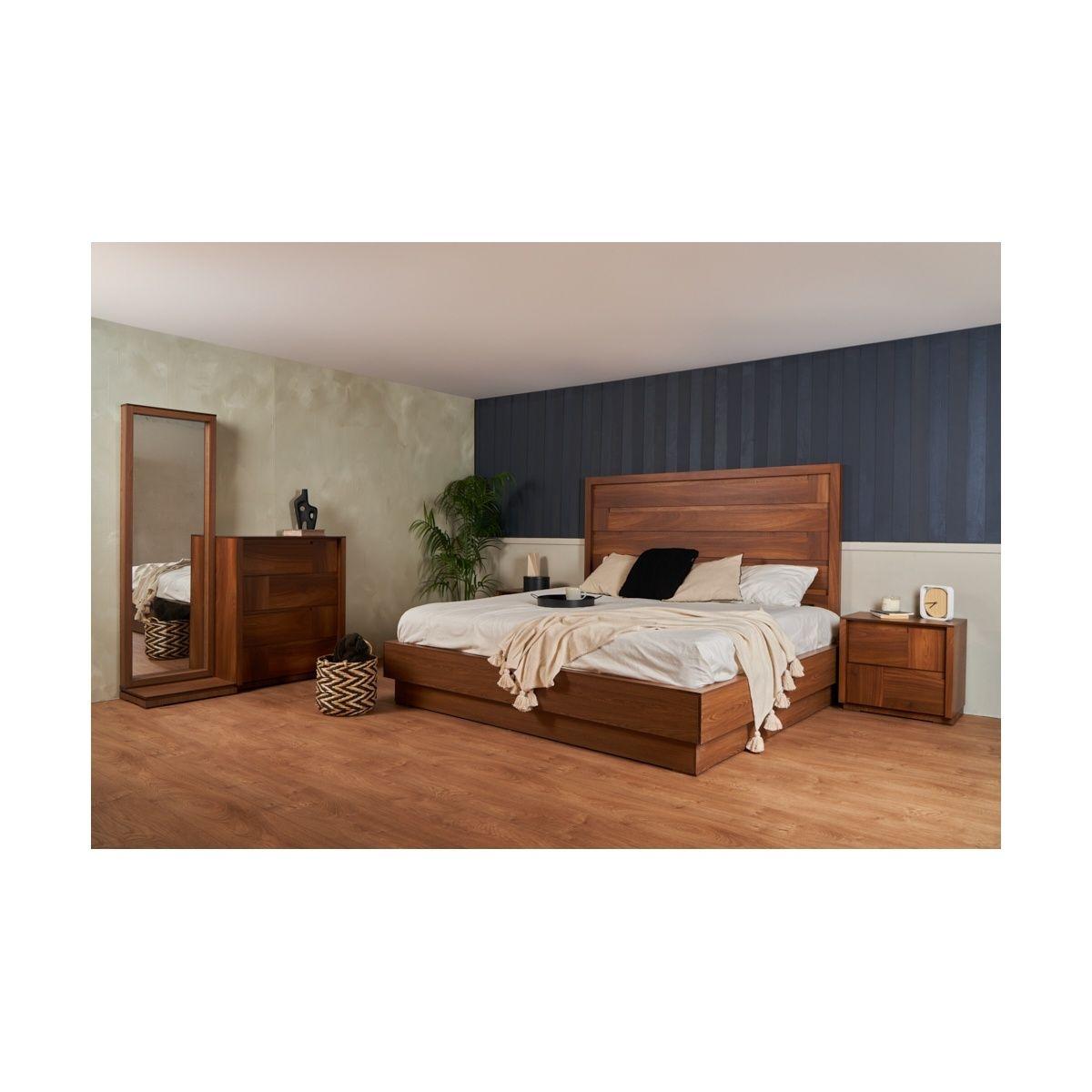 Recámara king size de 5 piezas con cabecera, 2 burós, cajonera y espejo color nogal - madera mdf y melamina