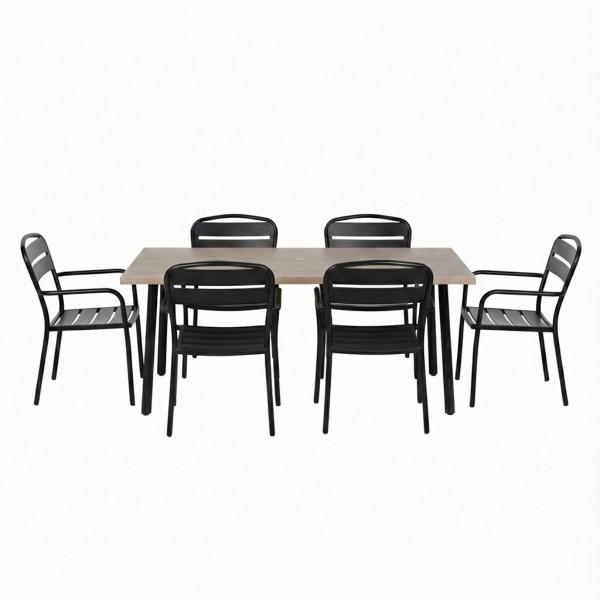 COMBO MESA RECTANGULAR TIPO MADERA Y 6 SILLAS METÁLICAS NEGRAS