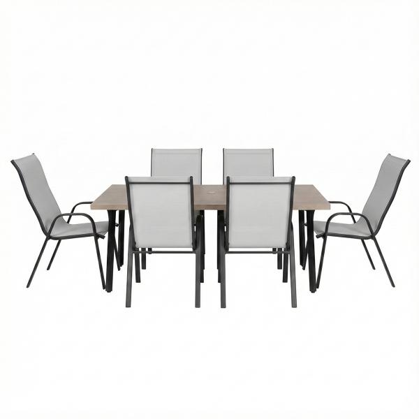 COMBO MESA RECTANGULAR TIPO MADERA Y 6 SILLAS SLING ALTAS GRIS